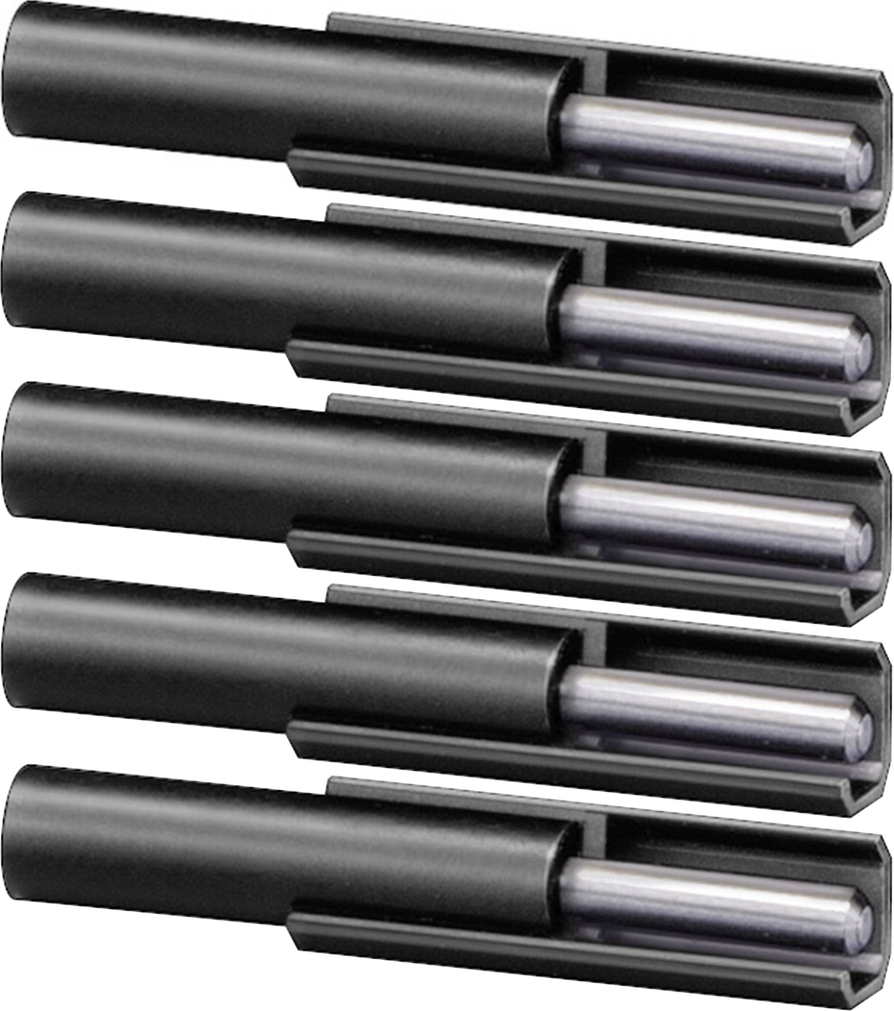 Fünf schwarze Permanentmarker mit transparenten Kappen, nebeneinander angeordnet.