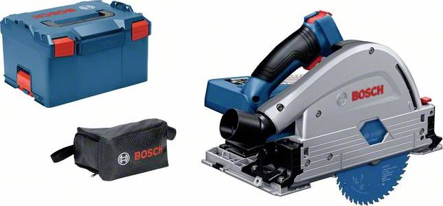 Werkzeugset mit Bosch-Kreisplattensäge, blau-schwarzer Transportkoffer und schwarzem Zubehörbeutel.