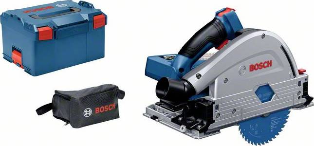 Abgebildet sind eine Bosch Kreissäge, eine Werkzeugkiste und eine Tragetasche. Die Kreissäge hat einen blauen Sägeblattbereich.