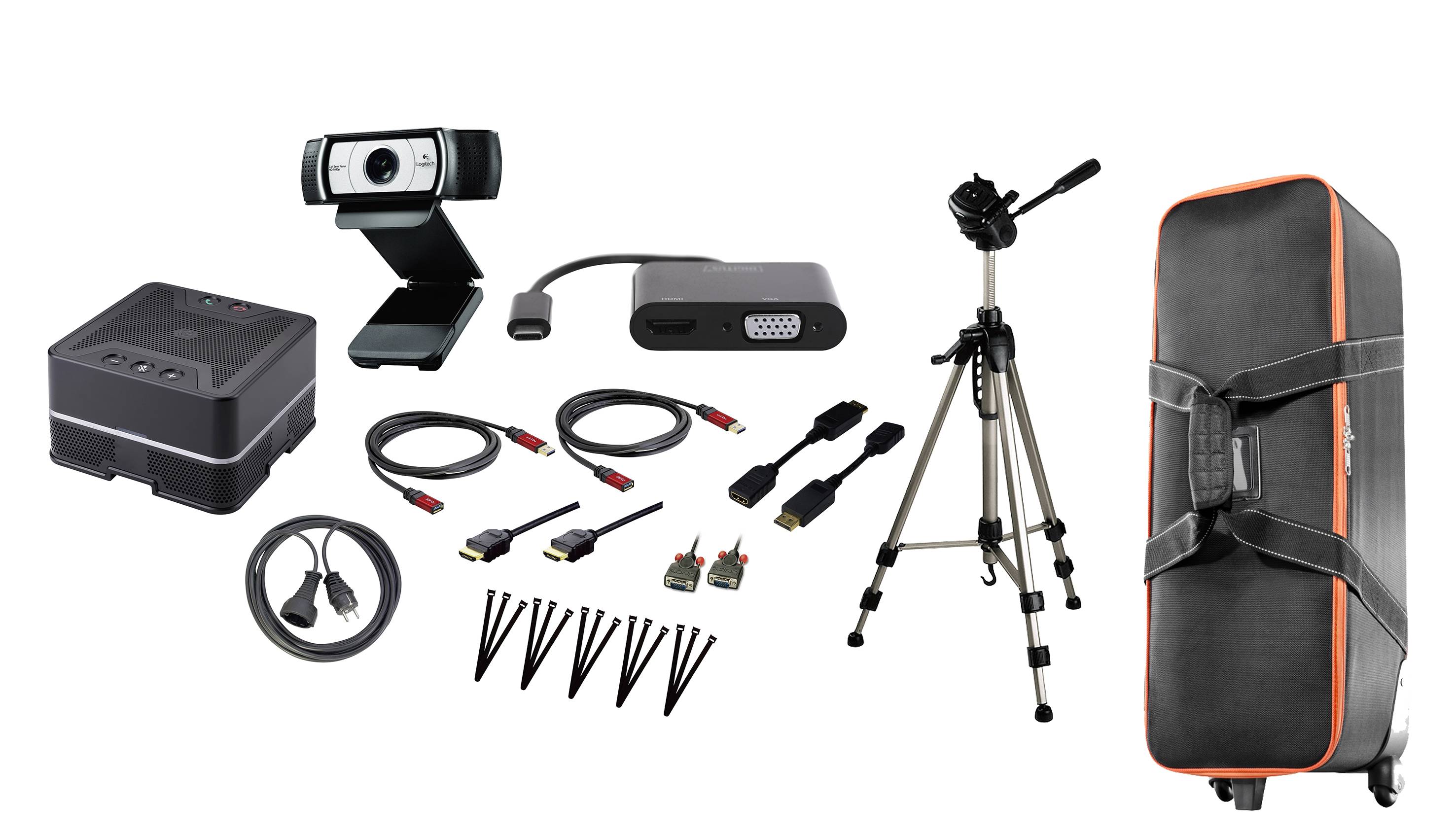 Kamera-Set mit Webcam, Projektor, Kabeln, Stativ und Tragetasche. Geeignet für Präsentationen oder Videoaufnahmen.