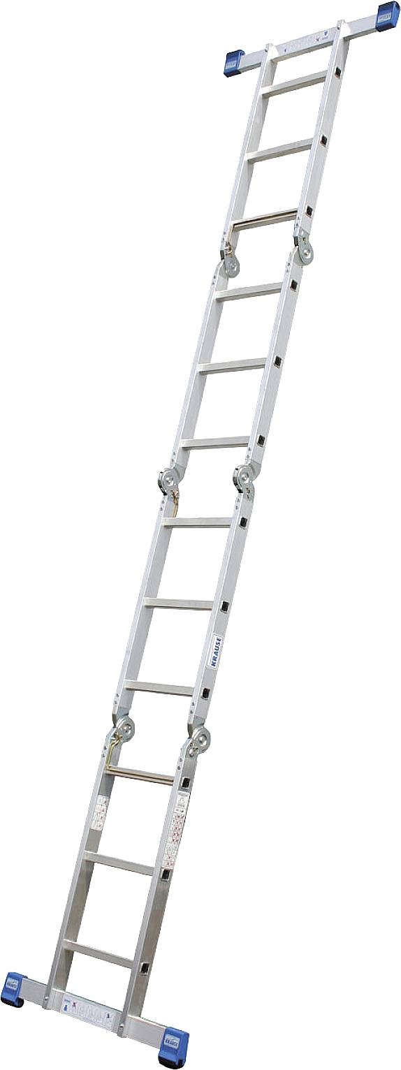 Eine lange Aluminiumleiter mit mehreren Stufen, seitlichen Stützen und blauen rutschfesten Füßen steht aufrecht an einem Hintergrund.