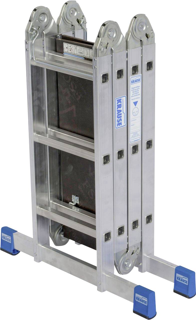 Eine zusammengeklappte, silberne Aluminiumleiter mit blauen Standfüßen, die stabil und tragbar aussieht, auf einem weißen Hintergrund.