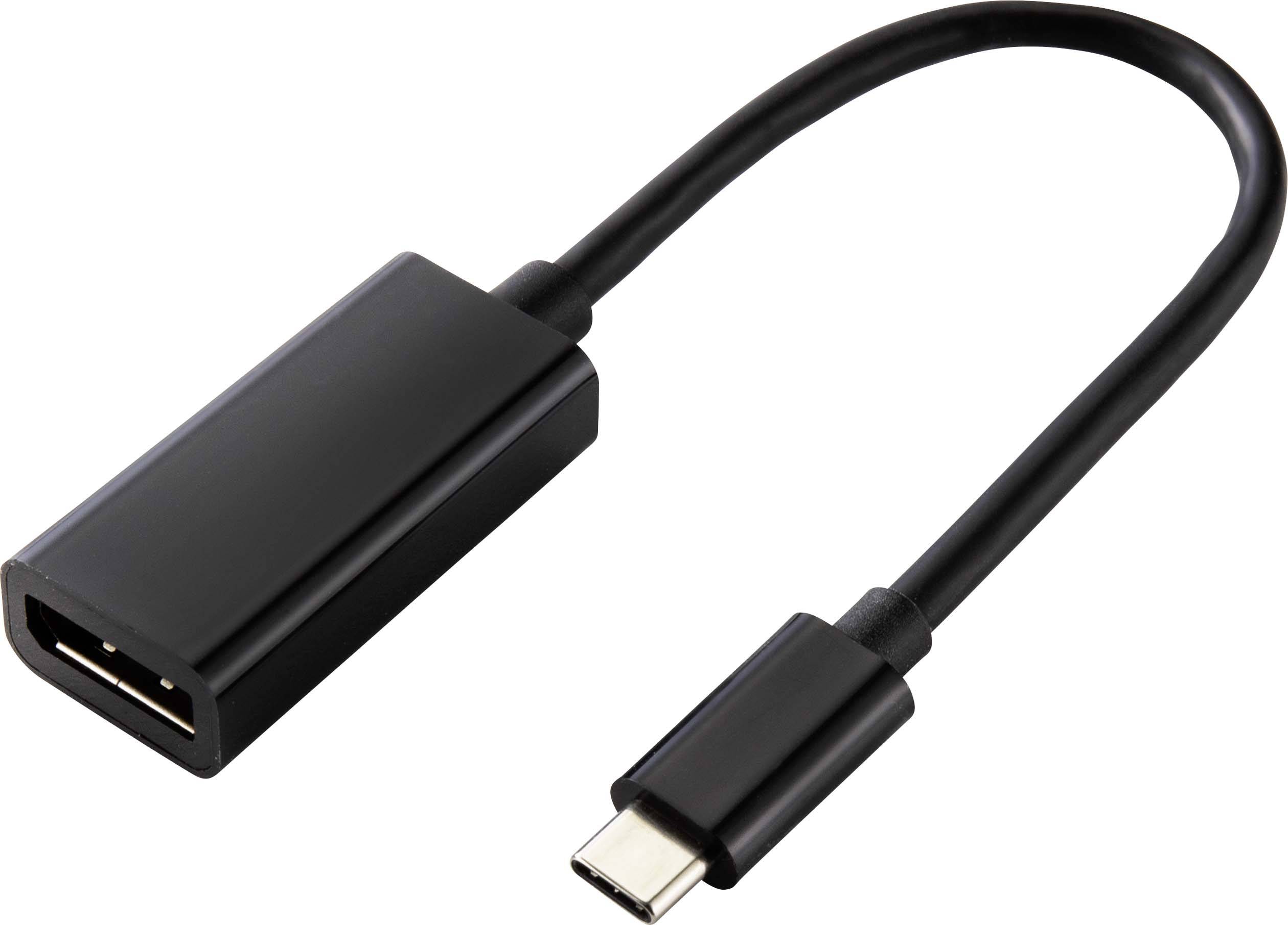 Ein schwarzes Adapterkabel mit einem USB-C-Anschluss auf der einen Seite und einem HDMI-Anschluss auf der anderen Seite.