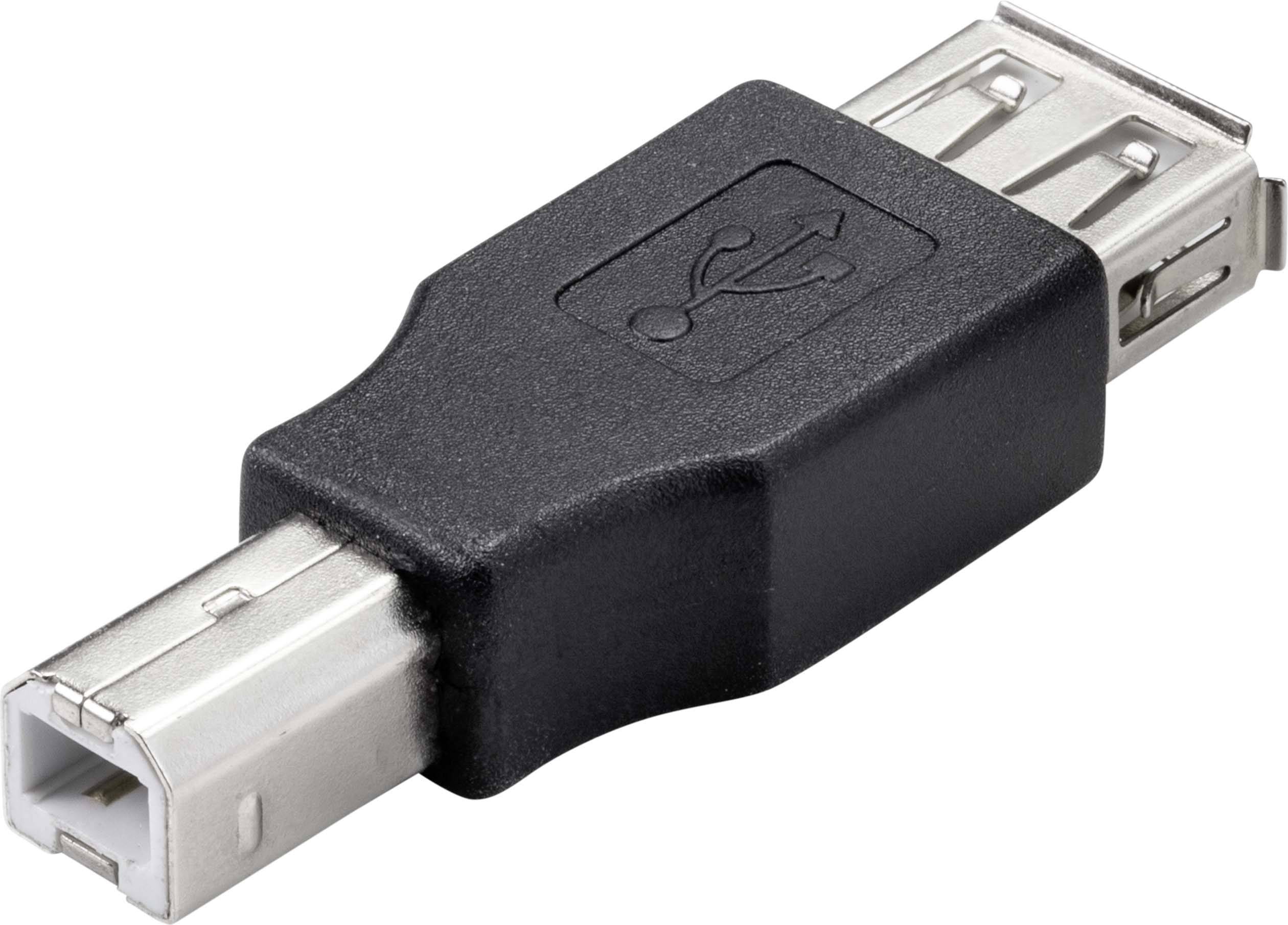 USB-Adapter mit einem USB-A-Anschluss und einem USB-B-Anschluss, verwendet zur Verbindung verschiedener Geräte mit unterschiedlichen Anschlüssen.