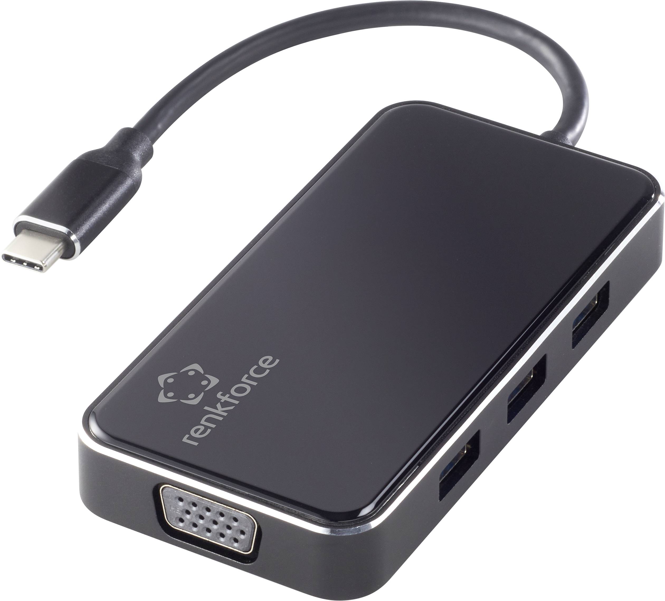 'Schwarzer USB-C-Adapter mit VGA- und drei USB-Anschlüssen, markiert mit 