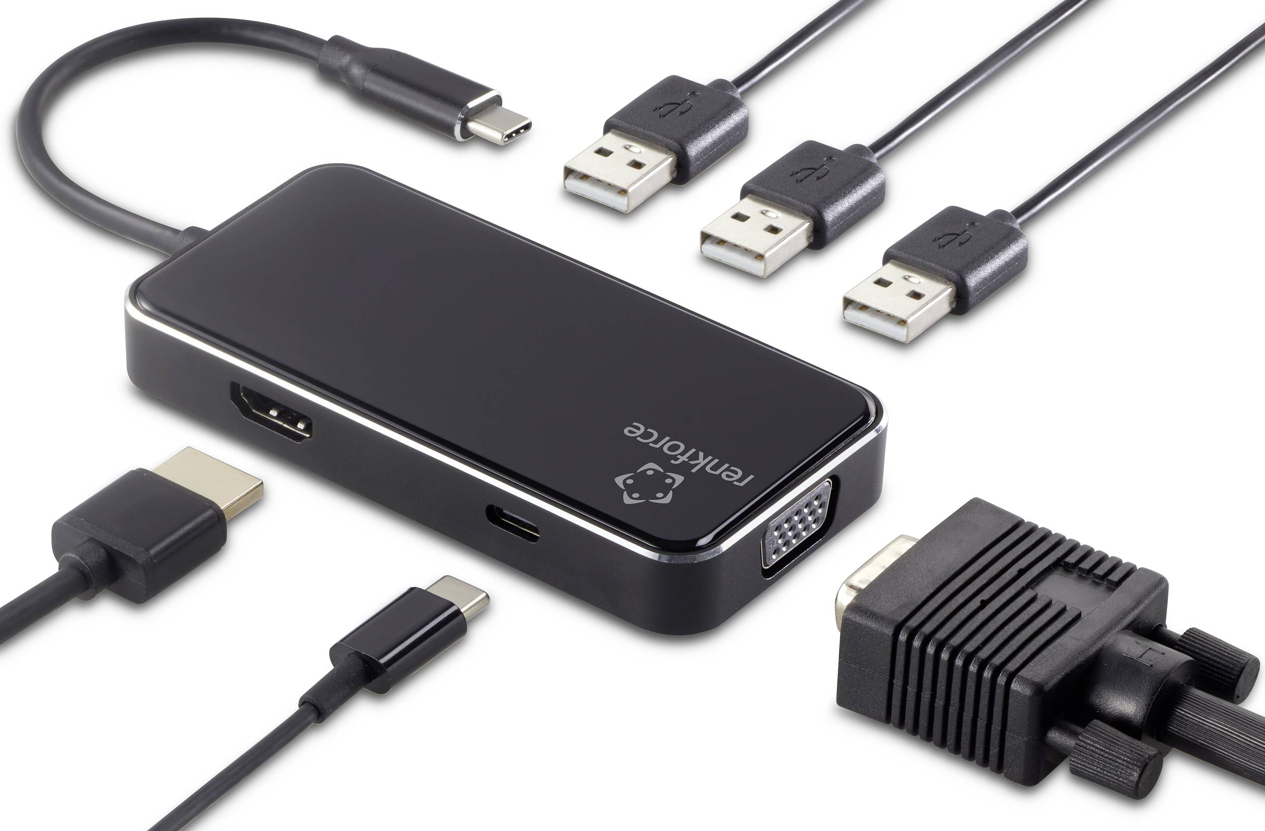 USB-C Hub mit HDMI-, VGA-, USB-Anschlüssen und Kabeln, die verschiedene Verbindungsmöglichkeiten mit Geräten bieten.