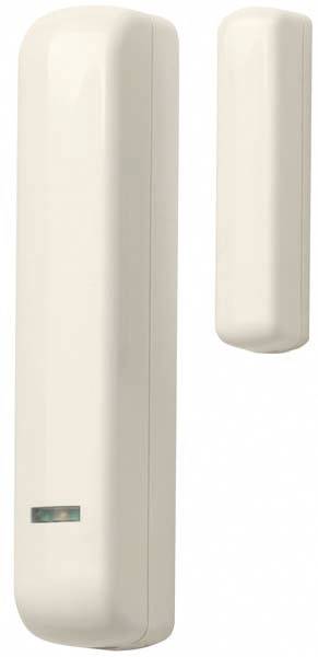 Ein drahtloser Tür- oder Fenstersensor in cremefarbenem Gehäuse, bestehend aus zwei Teilen für die Detektion von Öffnen und Schließen.