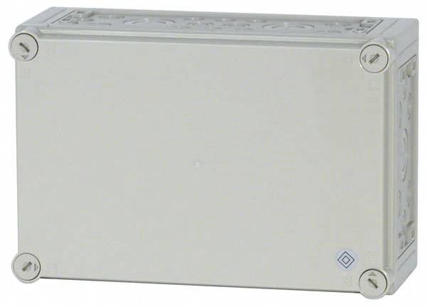 Eine rechteckige, graue Anschlussdose mit abgerundeten Ecken und Schrauben an jeder Ecke. Die Box scheint aus Kunststoff zu sein.