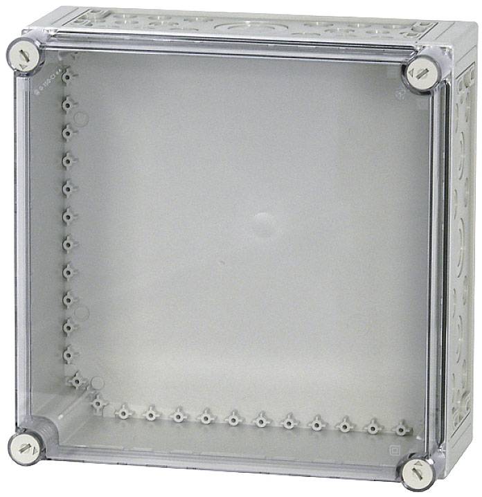 Transparenter Kunststoffkasten mit vier Schrauben an den Ecken, möglicherweise ein elektrisches Gehäuse für Schutz und Abdeckung.