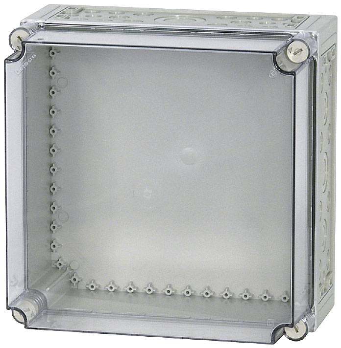Transparenter, quadratischer Kunststoffkasten mit abnehmbarer Frontplatte und vielen Bohrungen an den Seiten für Kabeldurchführungen.