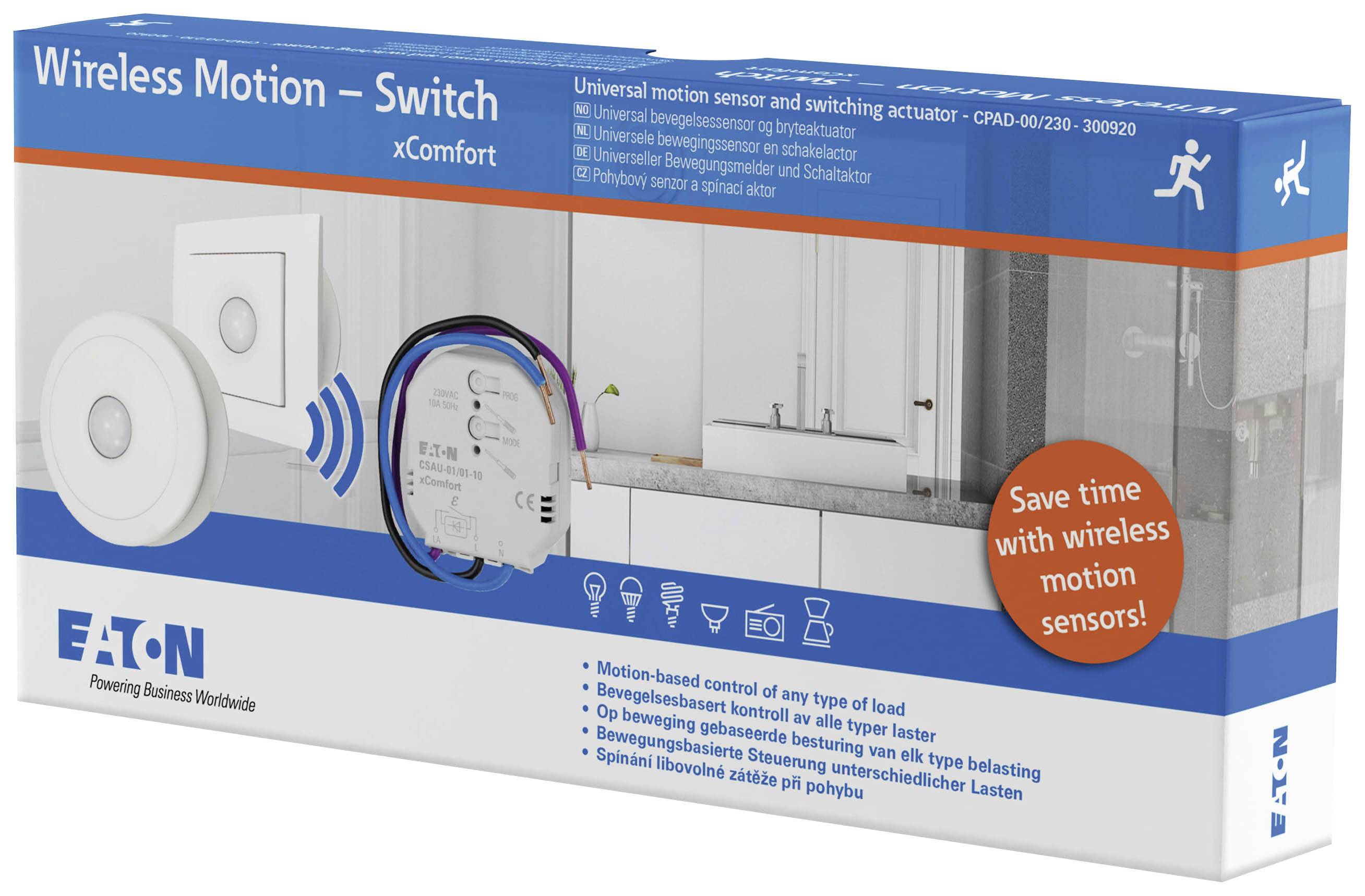 Kabellos-Schalter 'xComfort' von Eaton in Verpackung. Enthält Sensor und Schalter. Verspricht Zeitersparnis durch Bewegungssensoren.
