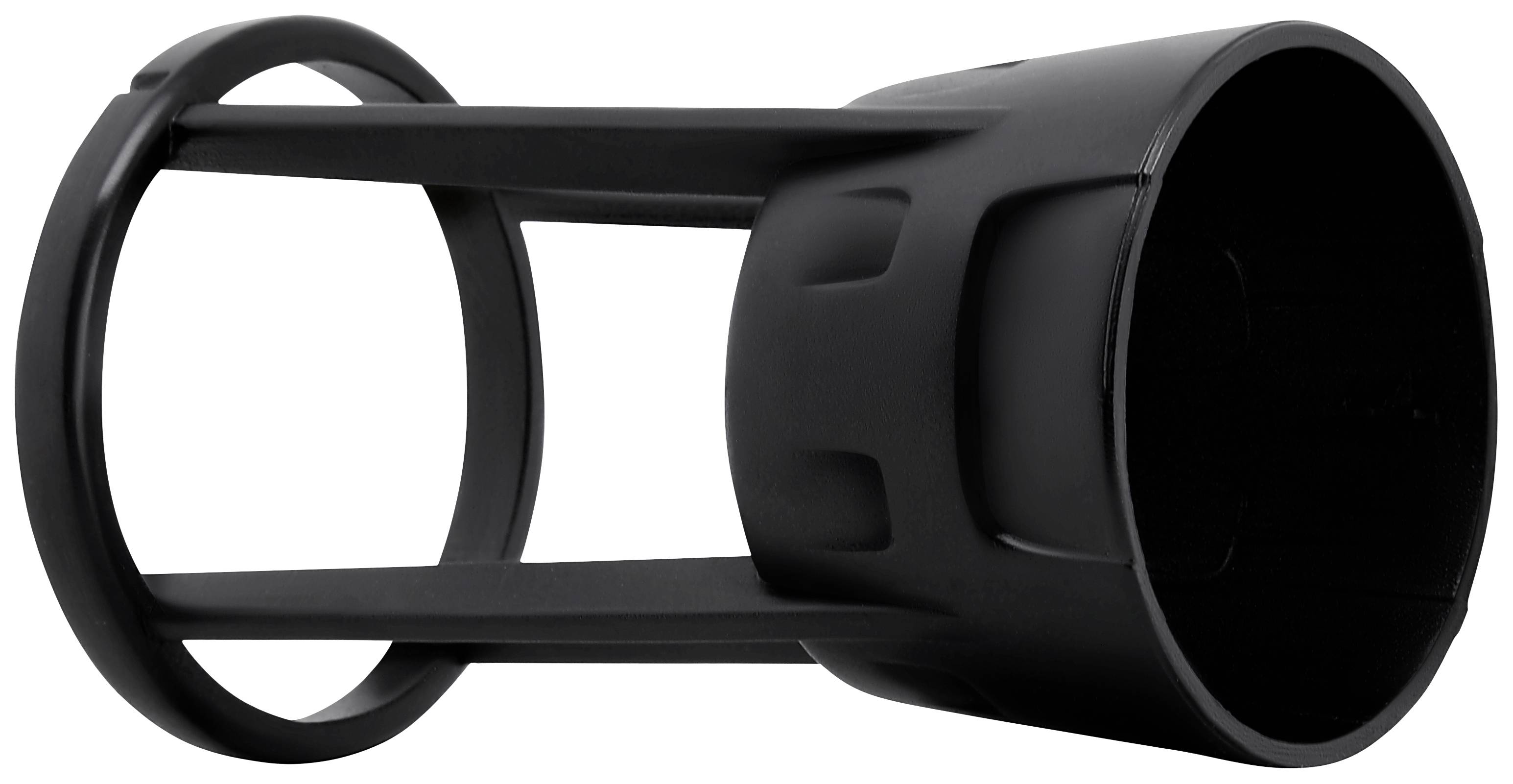 Ein schwarzes, zylinderförmiges Plastikteilelement, das aus zwei Ringen besteht, die durch drei Streben verbunden sind.