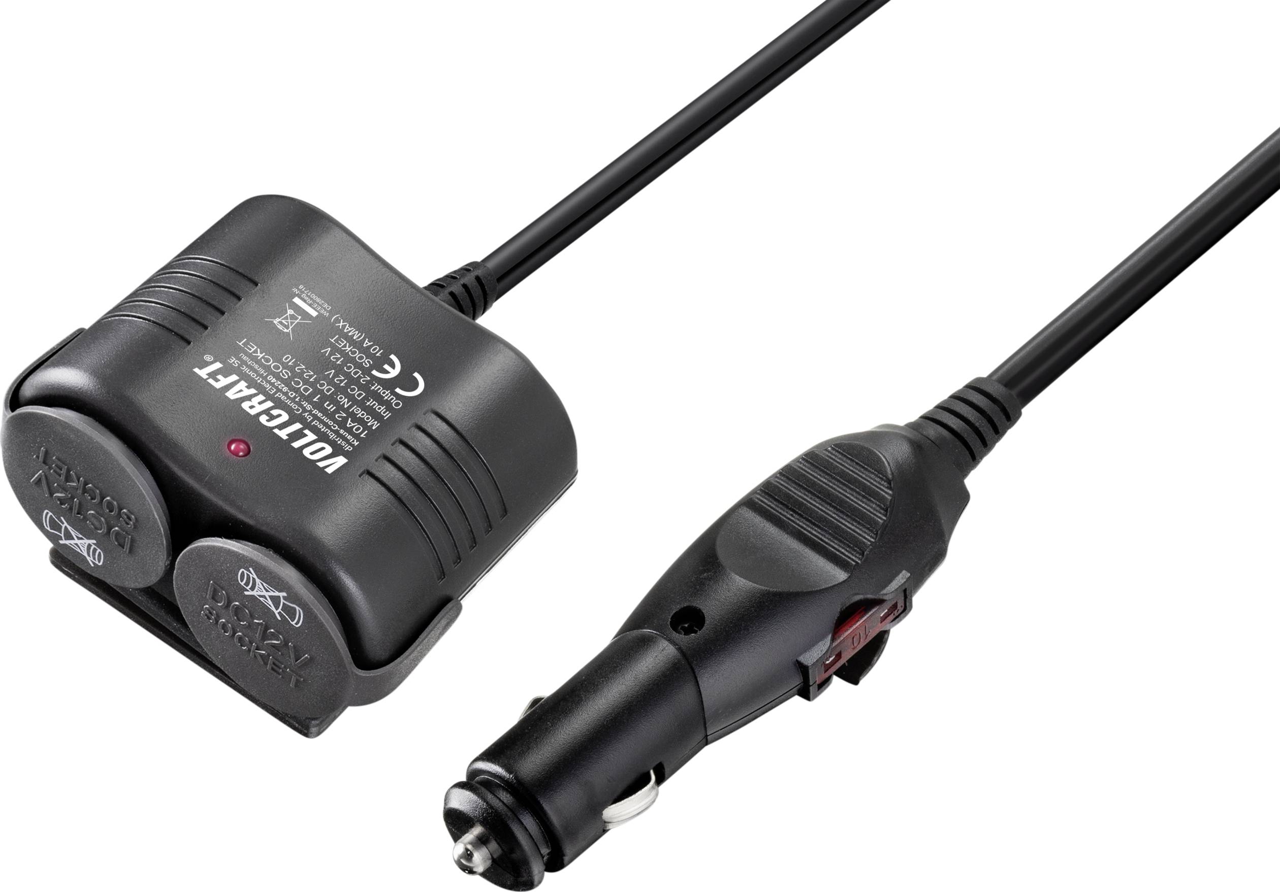 Elektrischer Auto-Adapter mit zwei Steckdosen und langem Kabel, geeignet für den Anschluss von Geräten im Fahrzeug.