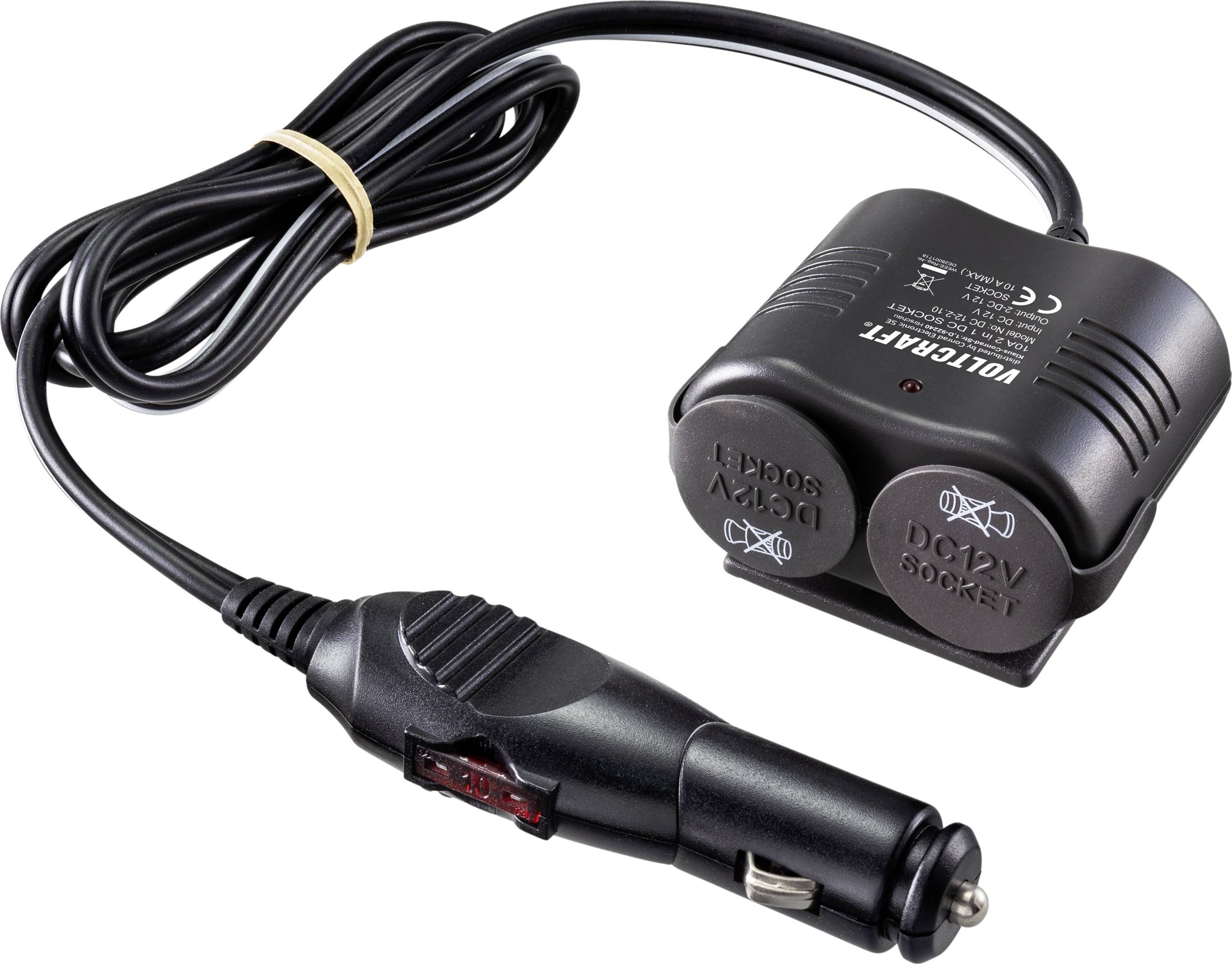 Schwarz-rotes Auto-Ladegerät mit Kabel und Stecker, geeignet für 12 V und 24 V Zigarettenanzünder.