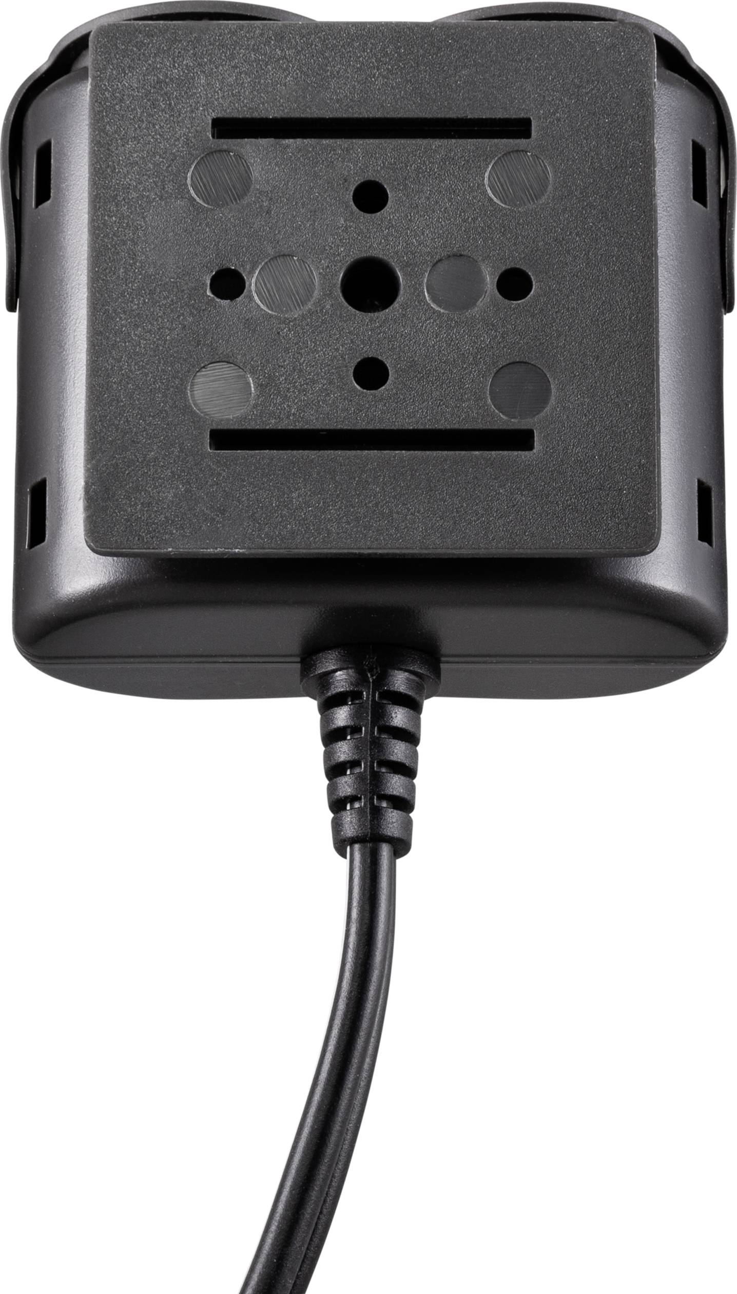Schwarz rechteckiges elektrisches Gerät mit Kabel, fünf runde Löcher auf der Vorderseite, möglicherweise eine Halterung.