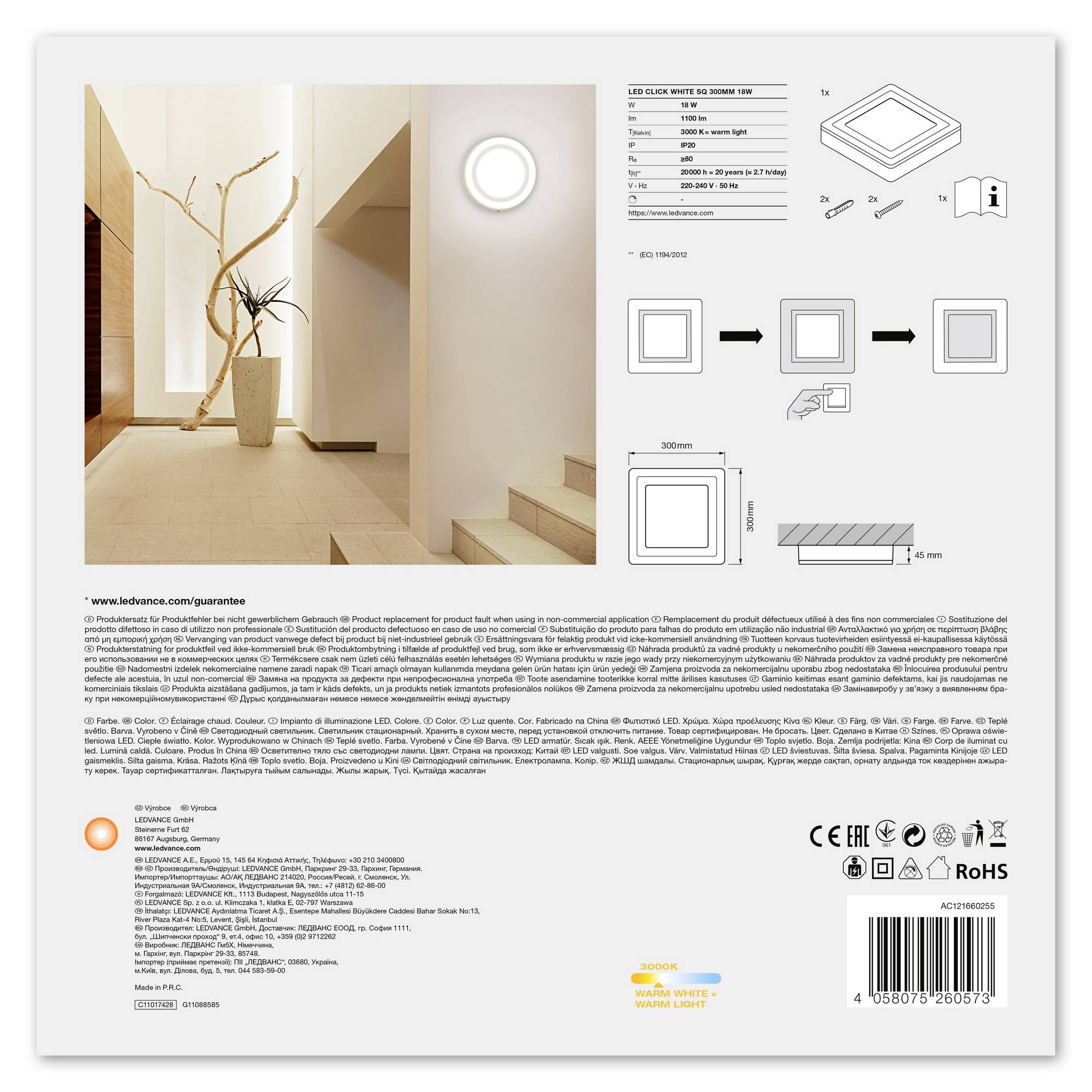 LEDVANCE LED CLICK WHITE SQ 300MM 18W LEDV 4058075260573 LED-Deckenleuchte Weiß 18 W Warmweiß