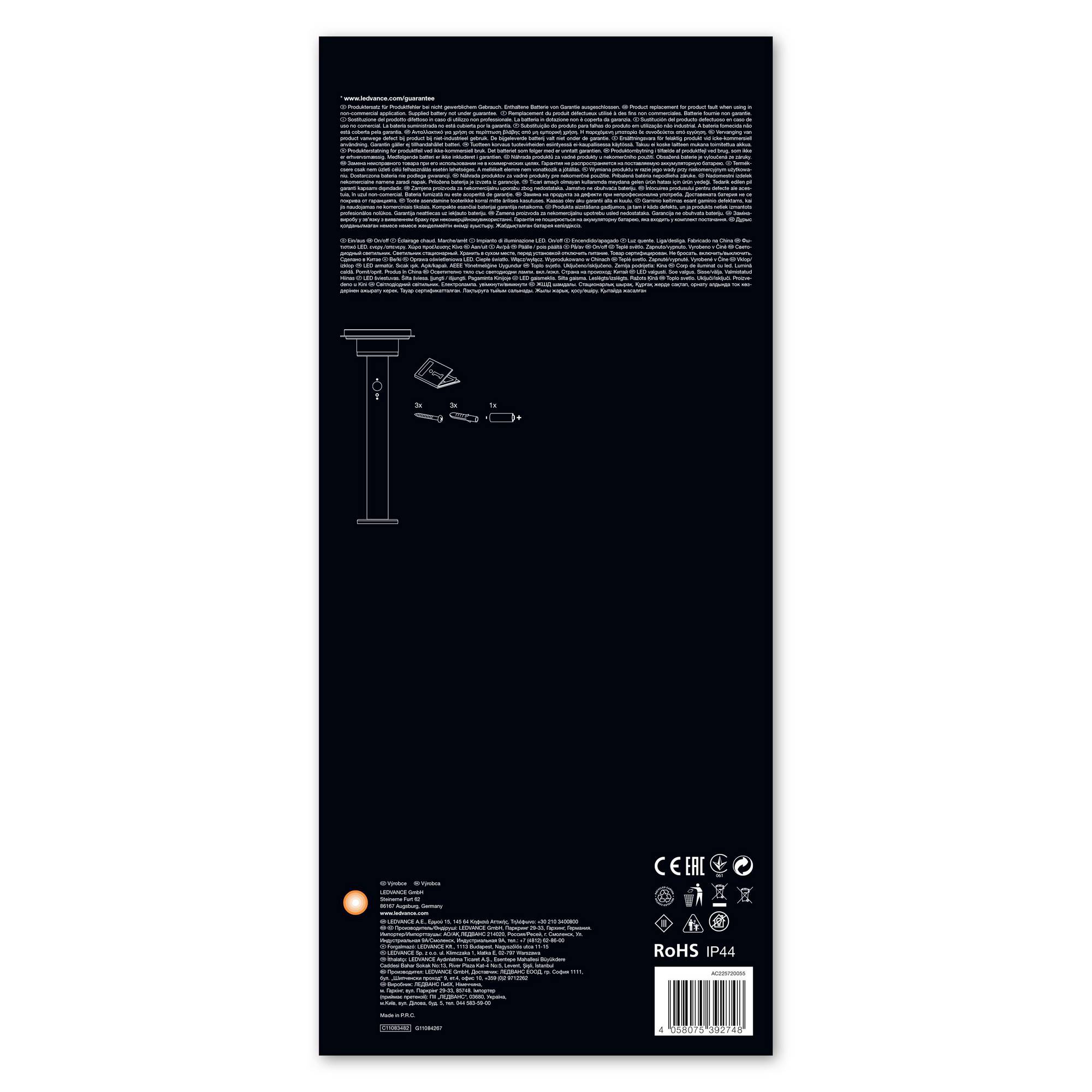 'LED-Solarleuchte' Bedienungsanleitung und Diagramm zur Installation. Enthält Symbole für CE, RoHS und IP44 Standards.