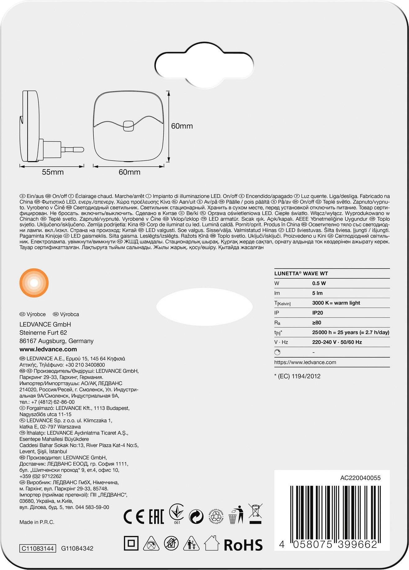 LEDVANCE LUNETTA WAVE WT LEDV 4058075399662 Nachtlicht Oval LED Warmweiß Weiß