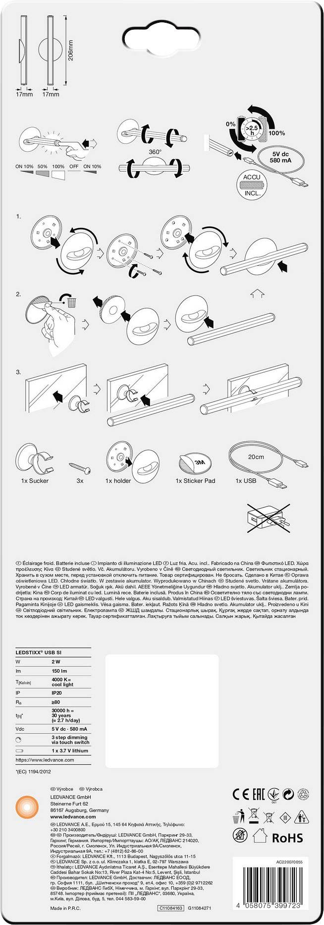 LEDVANCE LEDSTIXX USB SI LEDV 4058075399723 Akku-Tischlampe Stab LED Kaltweiß Silber