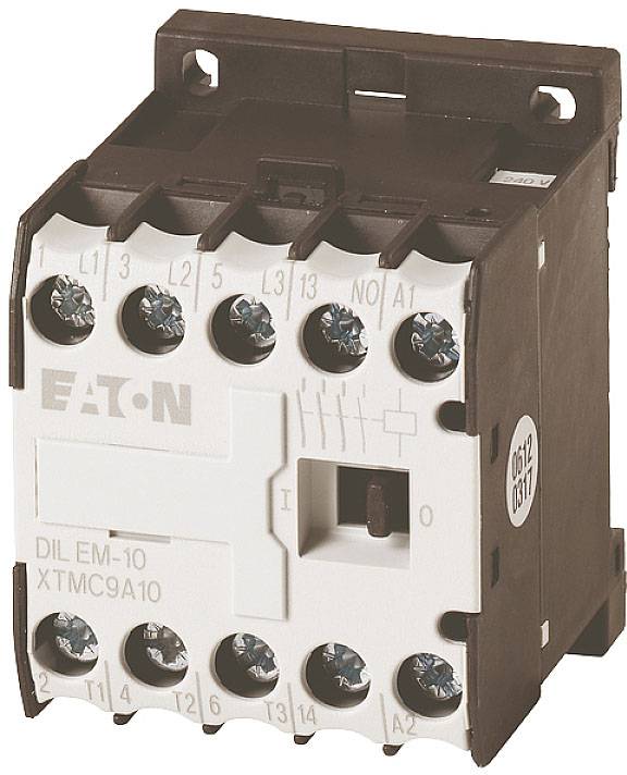 Ein elektrischer Schütz mit Schraubanschlüssen, Modell 'EATON DIL EM-10', zur Steuerung von elektrischen Lasten in industriellen Anwendungen.