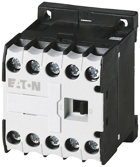 Ein schwarzes und weißes elektrisches Schütz mit der Aufschrift 'EATON' und Schalter, verwendet zur Steuerung von Stromkreisen.