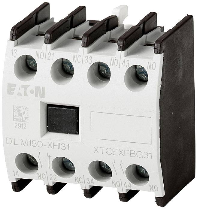 Ein elektrischer Schütz mit sechs Anschlussklemmen und einer schwarzen mittigen Taste. Markenname 'EATON' auf der Vorderseite.