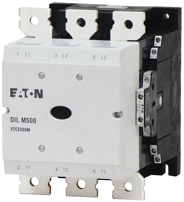 Ein dreipoliger Schütz mit der Aufschrift 'EATON DIL M500 XTC500M', geeignet für den Einsatz in industriellen Schaltanlagen.