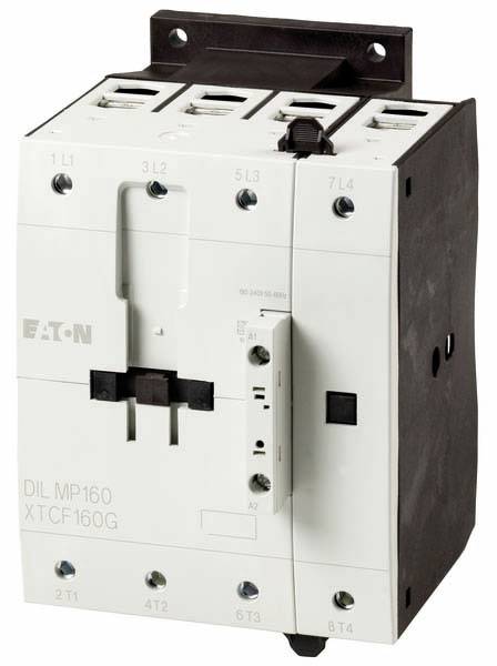 Ein weißer elektrischer Leistungsverbinder mit der Aufschrift 'Eaton DIL MP160 XTCF160G', verwendet für industrielle Anwendungen.