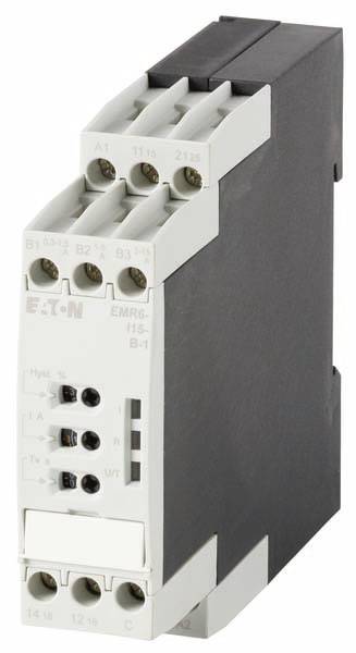 Ein elektronisches Relais von Eaton, Modell EMR6, in rechteckiger Form. Es verfügt über mehrere Anschlüsse und ist in Schwarz und Weiß gehalten.