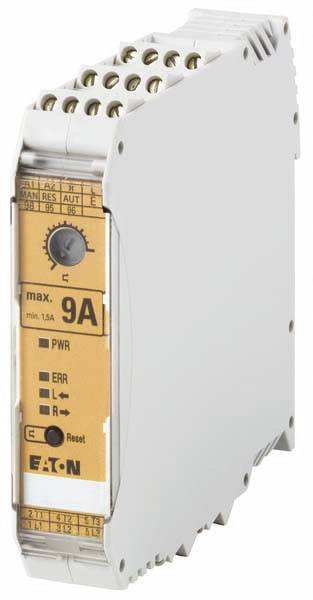 Elektrisches Relais mit orangefarbener Frontplatte, Tasten und LEDs zur Anzeige von Status und Fehlern. Marke: Eaton, Modell: 9A.