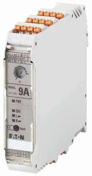 Schmaler elektronischer Motorschutzschalter, weißes Gehäuse, orangefarbene Anschlüsse, maximaler Strom 9A, Reset-Taste.