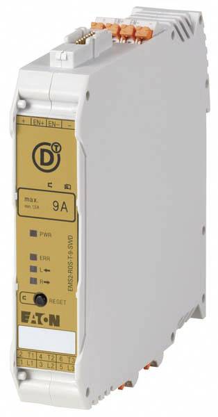 Ein elektronisches Überwachungsrelais von Eaton mit einer Stromangabe von maximal 9A, mehreren Anschlüssen und Kontrollleuchten.