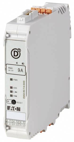 Ein graues elektrisches Modul von Eaton mit Beschriftungen und Symbolen. Es zeigt 'max. 9A' und hat ein Ein- und Ausgangsklemmenbereich oben.