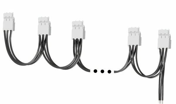 Sechs weiße Steckverbinder sind in zwei Gruppen verteilt, verbunden durch schwarze Kabel. Drei schwarze Punkte trennen die Gruppen.