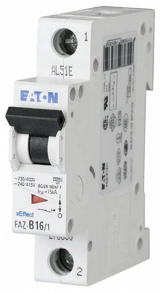 Leistungsschalter der Marke Eaton, Modell FAZ-B16, 1-polig, 16A, geeignet für 240/415V, xEffect-Reihe.