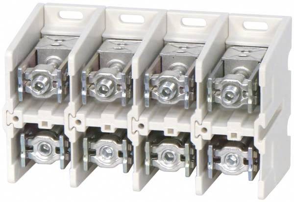Sechs weiße Sicherungshalter mit metallischen Kontakten, die für die Aufnahme von Sicherungen in elektrischen Schaltschränken verwendet werden.