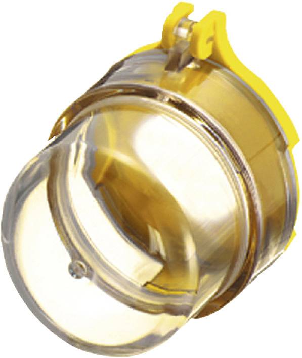 Gelbes und transparentes Kunststoffteil mit rundem Design und Scharnier oben. Geeignet für mechanische oder industrielle Anwendungen.
