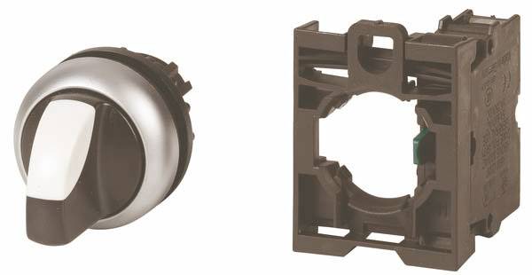Drehschalter neben einer quadratischen Halterung, beide in einem braunen Gehäuse, zum Einbau in ein elektrisches Schaltpanel geeignet.