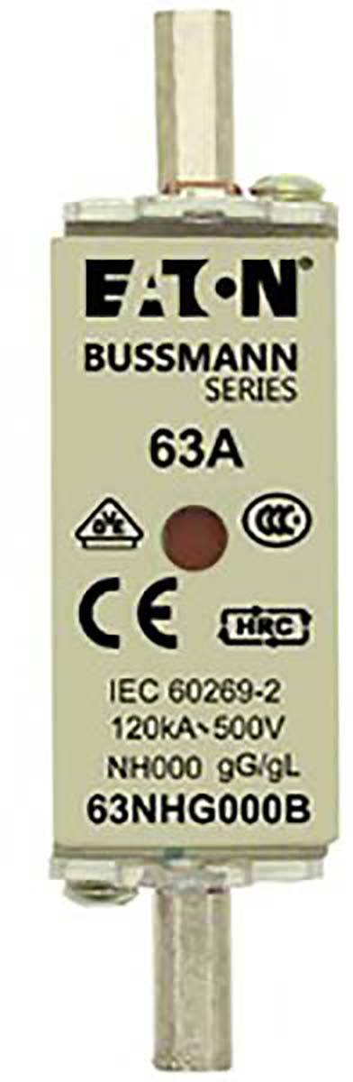 Sicherung 63A von EATON, Bussmann Series, NH000, 500V, IEC 60269-2. Symbole für CE-Kennzeichnung und elektrische Spezifikationen.