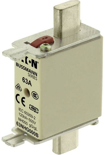 Eine elektrische Sicherung der Marke Bussmann mit 63 Ampere, geeignet für Spannungen bis 500 V, zeigt Prüfzeichen und Spezifikationen.