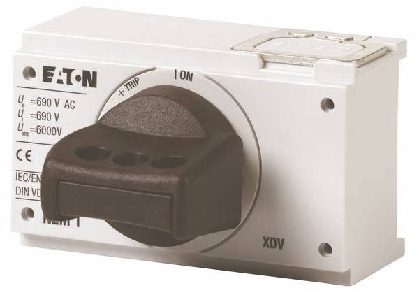 'Weißer Eaton Lasttrennschalter für 690 V AC, mit Drehgriff für die Betriebssteuerung, beschriftet mit '+Trip' und 'ON'.'