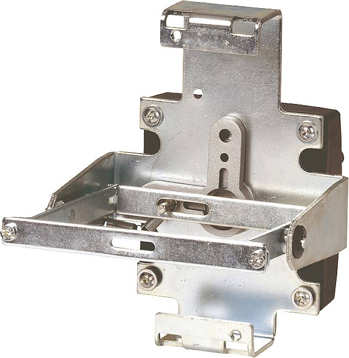 Metallhalterung mit Schrauböffnungen zur Wandmontage. Anpassbare Schlitze und Schrauben dienen zur Befestigung verschiedener Geräte.