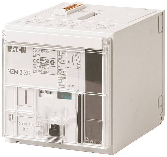 'NZM 2-XR' Leistungsschalter von EATON, geeignet für 208-240V AC, 50/60Hz, mit Schaltern zum Ein- und Ausschalten sowie zum Entladen.