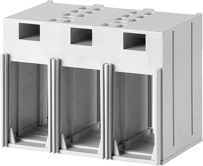 Dreipolige elektrische Klemme aus grauem Kunststoff mit offenem Design zur Kabelbefestigung.