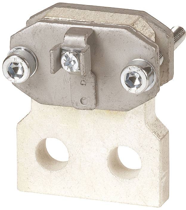 Ein keramischer Sicherungshalter mit zwei Metallschrauben und einer Halterung, geeignet für den sicheren Halt elektrischer Sicherungen.