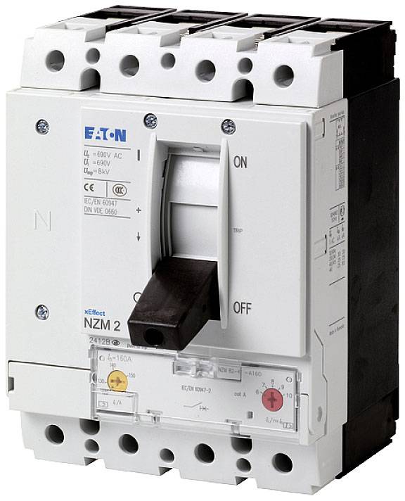 Ein Leistungsschalter von Eaton mit einem Hebel zur Steuerung. Beschriftet mit 'ON' und 'OFF'. Designed für Schutz und Kontrolle in elektrischen Systemen.