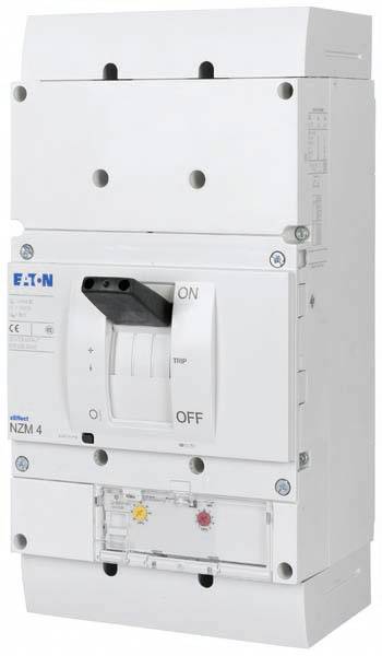 Ein weißer Leistungsschalter mit der Beschriftung 'ON' und 'OFF', Modellnummer 'NZM 4', von der Marke EATON.