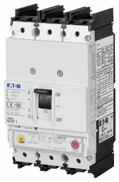 Ein Leistungsschalter von Eaton mit Schalterstellungen 'ON' und 'OFF'. Kapazität bis 630V und 63A. Enthält technische Spezifikationen.