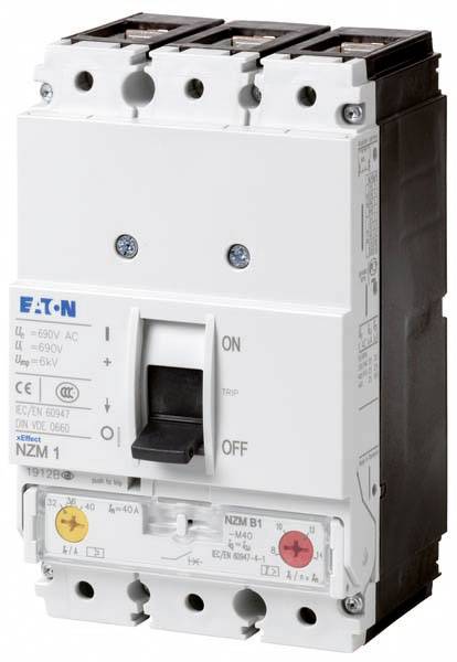 Ein dreipoliger Leistungsschalter von EATON, Modell 'NZM 1', mit Kippschalter für EIN/AUS und Aufdruck der technischen Daten.