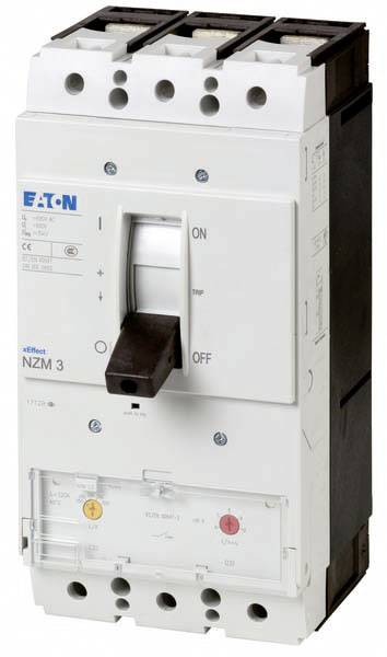 Ein elektrischer Leistungsschalter von Eaton mit einem großen Hebel zur Steuerung. Beschriftungen 'ON' und 'OFF' sind sichtbar.